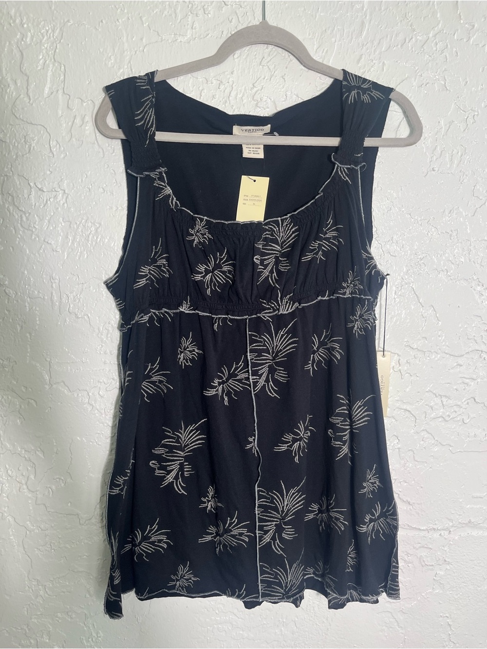 Vertigo Paris XL Black Embroidered Cotton Peasant Tank Top NWT Boho Floral
